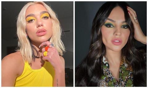 Collage de Eiza Gonzalez y Dua Lipa con maquillajes coloridos en sus ojos